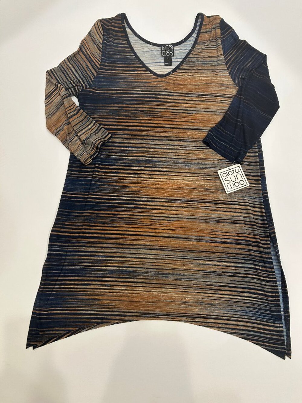 NWT Clara Sun Woo striped tunic top with 3/4 sleeves and asymmetric hem, size S